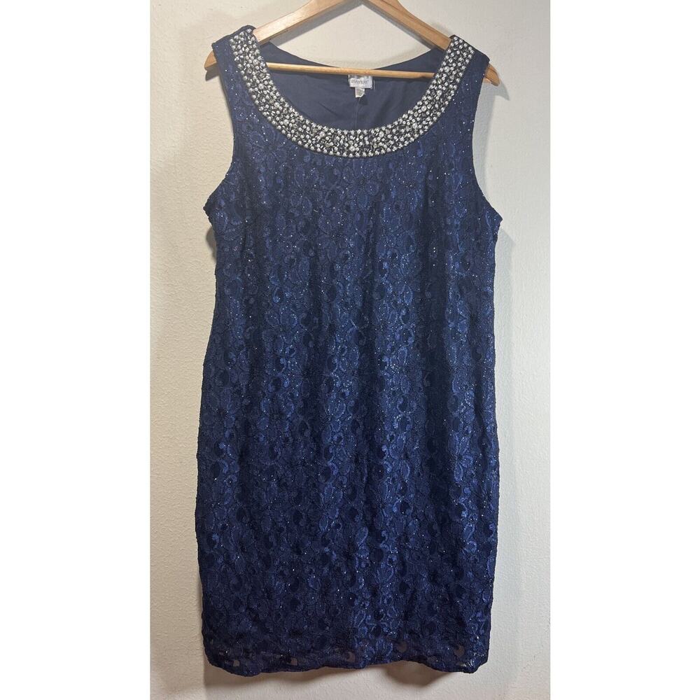 Avenue Size 14W Navy Rhinestones & Pearls Sleeveless Glitter Lace Mini Dress NWT
